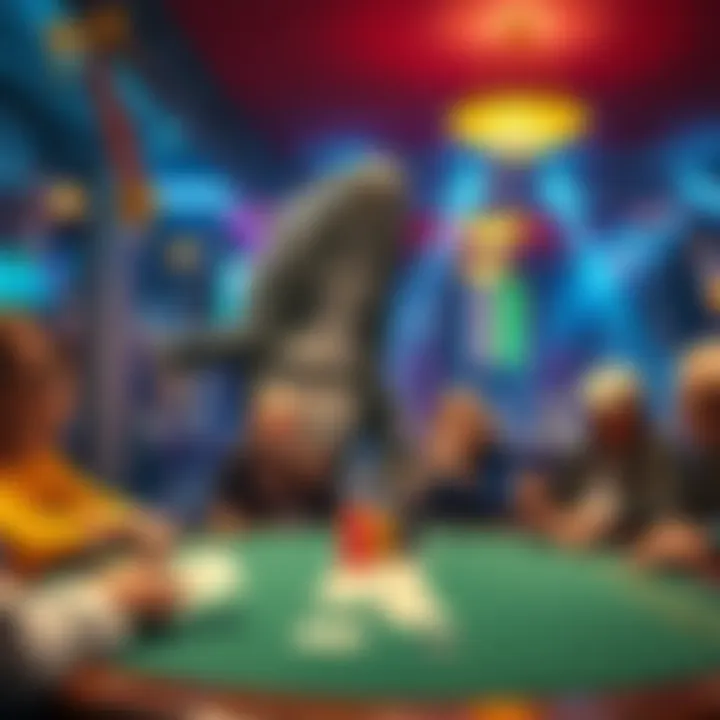 A whale at a poker table revealing its cards, surprising players and onlookers