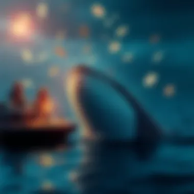 A whale in the water next to a boat, displaying playing cards, while people look on in surprise.