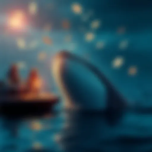 A whale in the water next to a boat, displaying playing cards, while people look on in surprise.