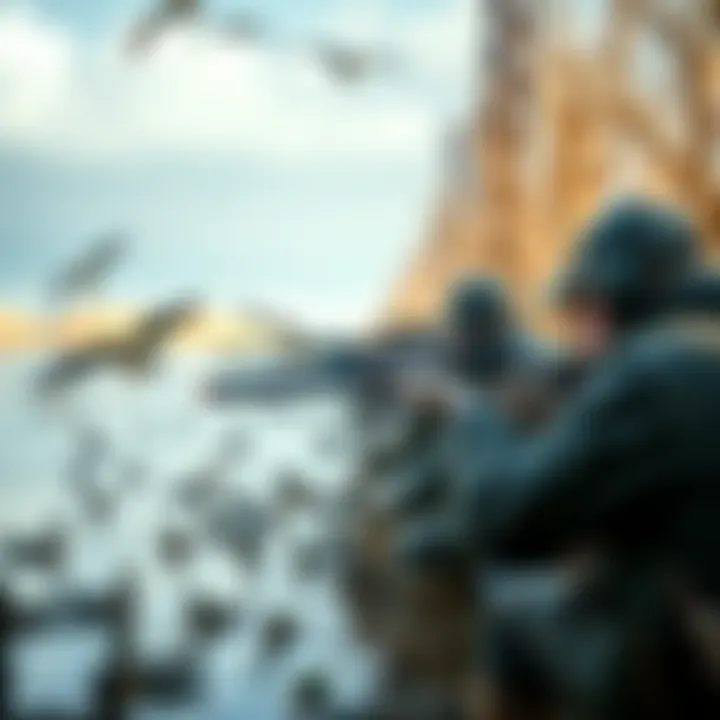 A group of duck hunters aiming at ducks in a wetland area