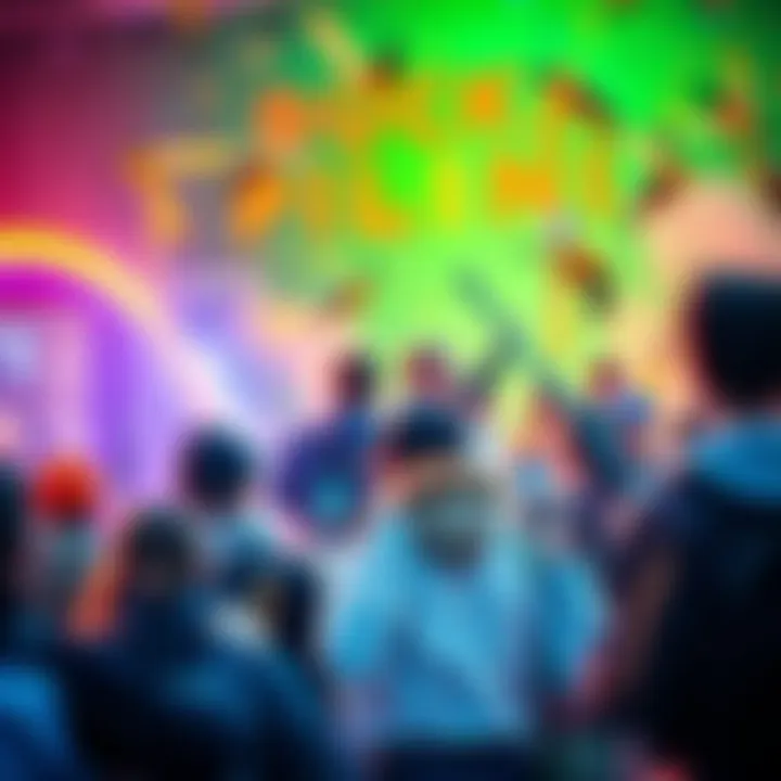 A vibrant scene of people participating in duck hunting and playing the Plinko game, surrounded by excitement and prizes.