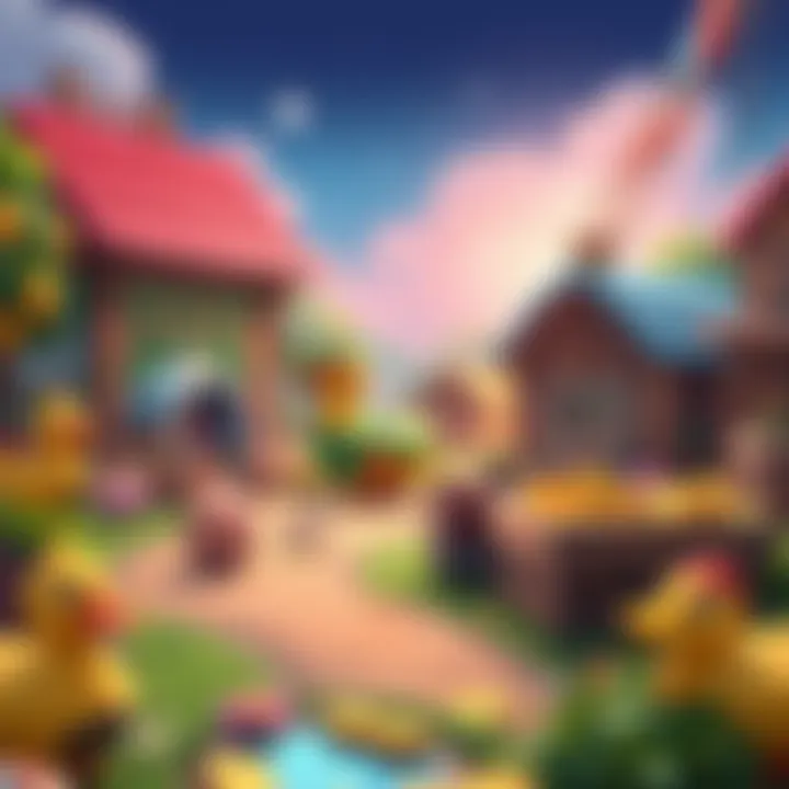 A colorful scene showing tips and tricks for farming GC in Ducky's Farm in Glücksland, featuring farm elements and coins.