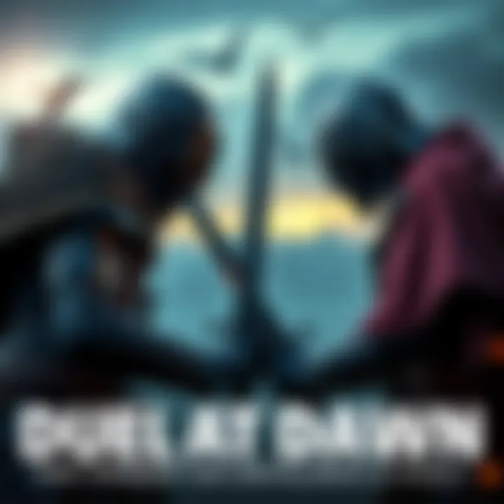 Two opponents facing each other with swords ready at dawn