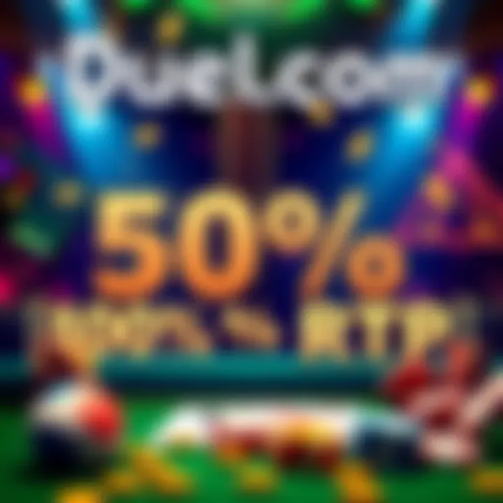 Graphic showing 50% rakeback and 100% RTP offers with a playful casino theme