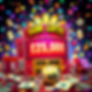 A colorful lottery ticket with a big jackpot prize of $25,000 highlighted, surrounded by dollar signs and confetti.