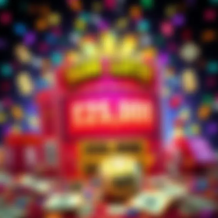 A colorful lottery ticket with a big jackpot prize of $25,000 highlighted, surrounded by dollar signs and confetti.