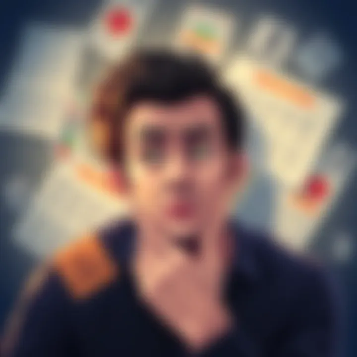 A person contemplating a betting decision with a puzzled expression, surrounded by betting slips and odds charts.