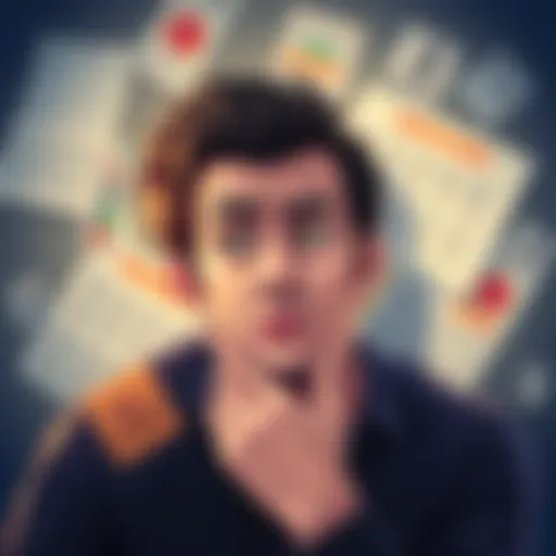 Dummster Wett des Tages decision illustration A person contemplating a betting decision with a puzzled expression, surrounded by betting slips and odds charts.