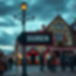 A town sign in Duren displaying a warning about its permanent closure, surrounded by concerned people discussing the situation.