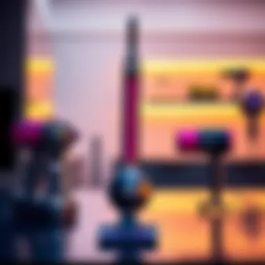 A variety of Dyson products including a vacuum cleaner and a hair dryer displayed on a sleek countertop.