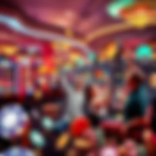 A collage of casino chips, slot machines, and happy players celebrating their wins in a lively casino atmosphere.