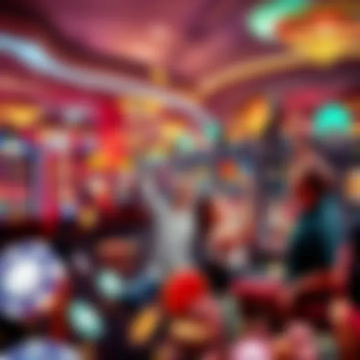 A collage of casino chips, slot machines, and happy players celebrating their wins in a lively casino atmosphere.