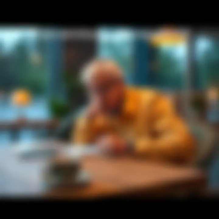 A thoughtful individual sits at a table with a notebook and coffee, contemplating their future after retirement.