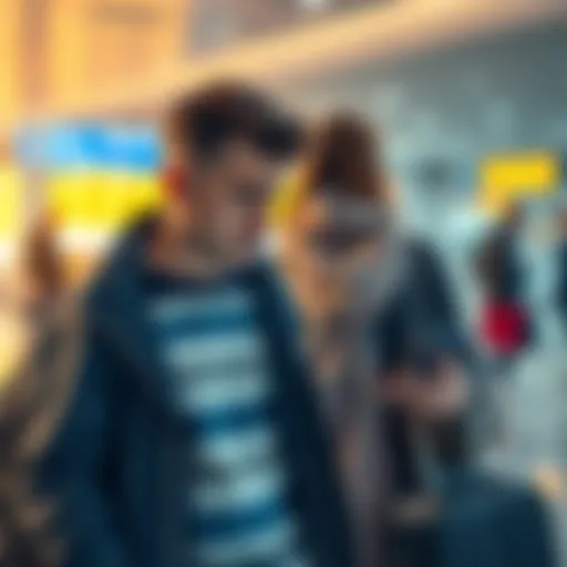 A traveler at an airport looking concerned while checking their flight details on a smartphone