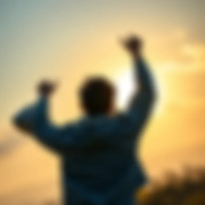 A bright sunrise with a person celebrating their success, holding a bag of money, symbolizing early morning advantages.