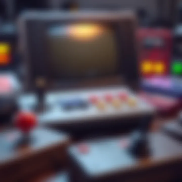 A vintage gaming console with joysticks and classic game cartridges representing the origins of video games.