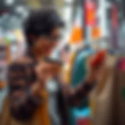 A person happily using a credit card while shopping, with points graphic overlay