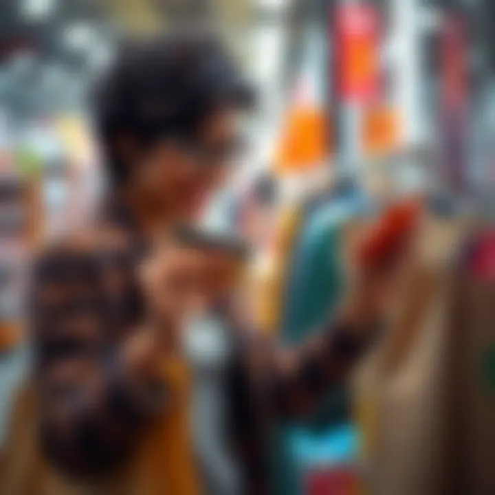 A person happily using a credit card while shopping, with points graphic overlay