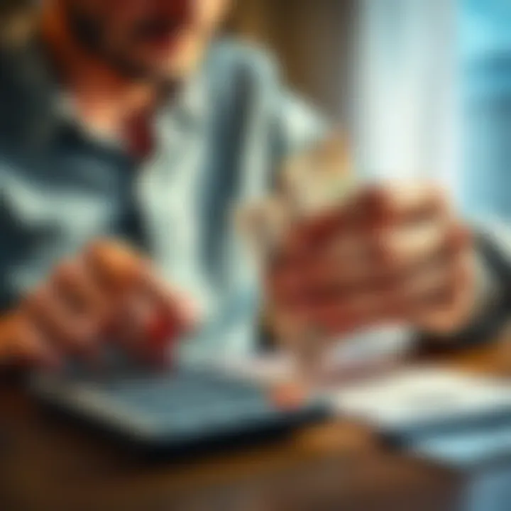 A person counting money with a calculator beside a rent bill, symbolizing financial planning and stability.