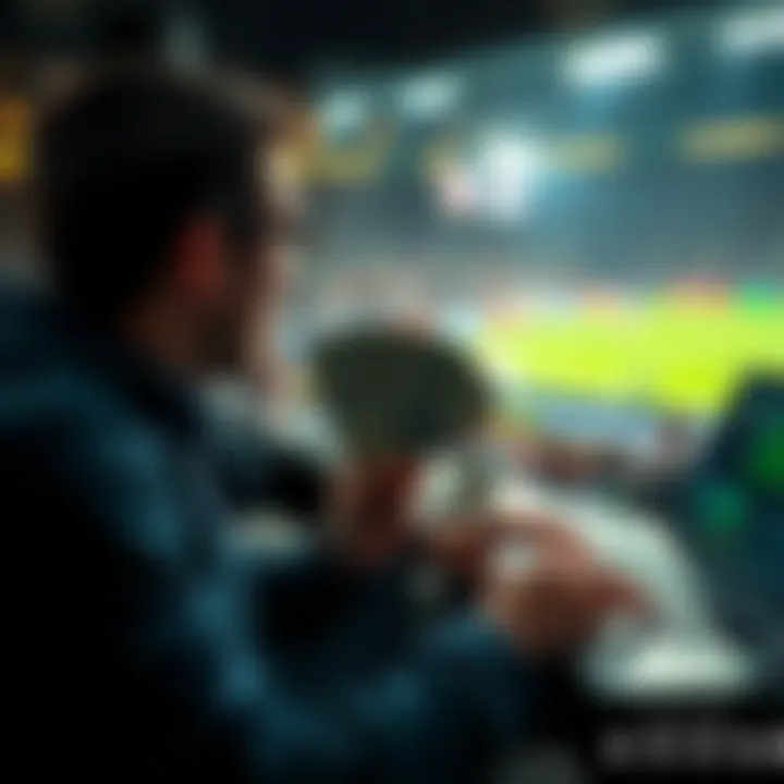 Earning Money in Sports A person holding cash while watching a sports game on a laptop, showing excitement about potential earnings