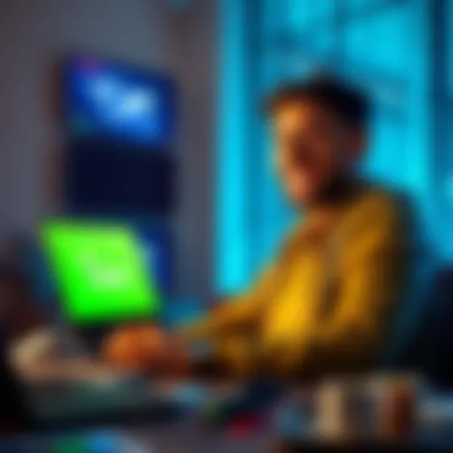 A person happily using a laptop with a 1xbet logo on the screen, showing excitement about earning money online