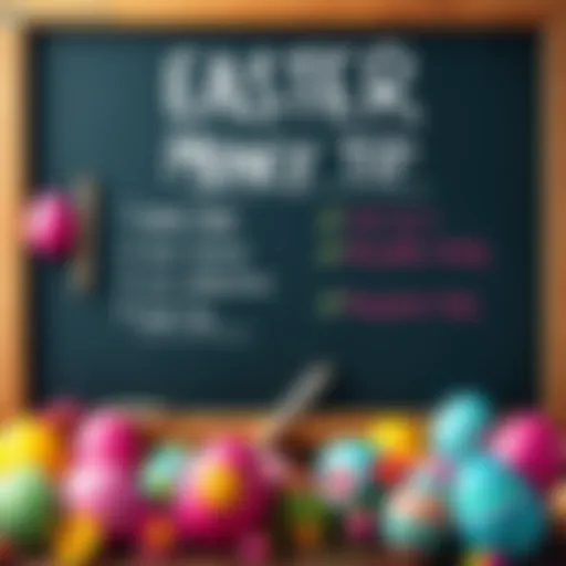 A festive Easter scene featuring colorful eggs and money-saving tips on a chalkboard