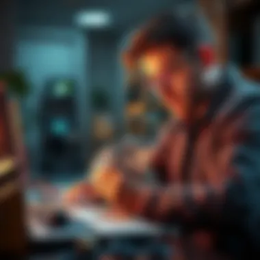 A person counting cash while looking at a laptop with money-making strategies on the screen