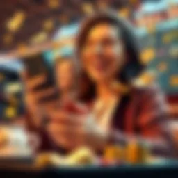 Easy Betting Experience A person joyfully placing a bet on their phone, with money and winning symbols in the background.