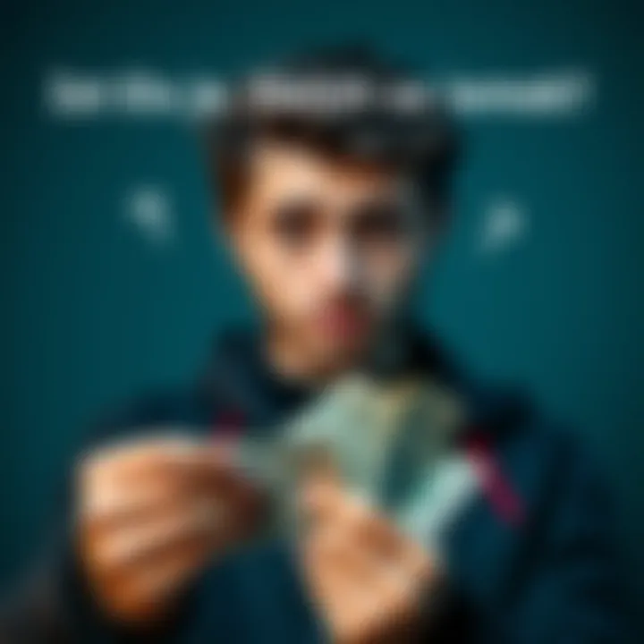 A person holding cash with a puzzled expression, symbolizing the allure and risks of earning quick money.