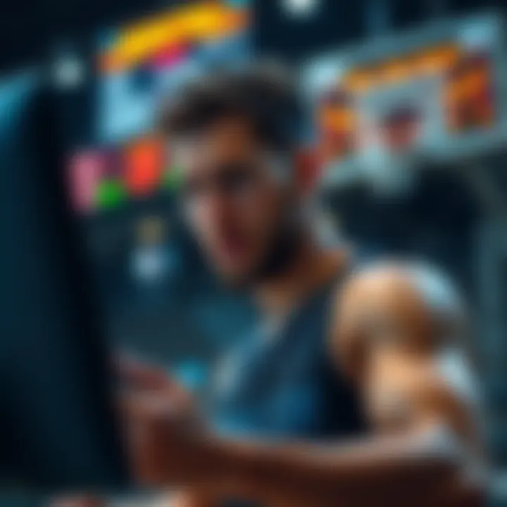 A graphic showing an eBasketball player looking concerned while analyzing suspicious betting patterns on a screen.