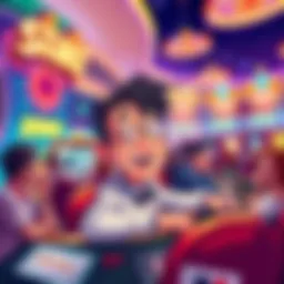A vibrant illustration showing Eddie, a playful cartoon character, enjoying a game at a Stake casino, surrounded by bright lights and cheerful people, symbolizing the excitement of gambling in America...