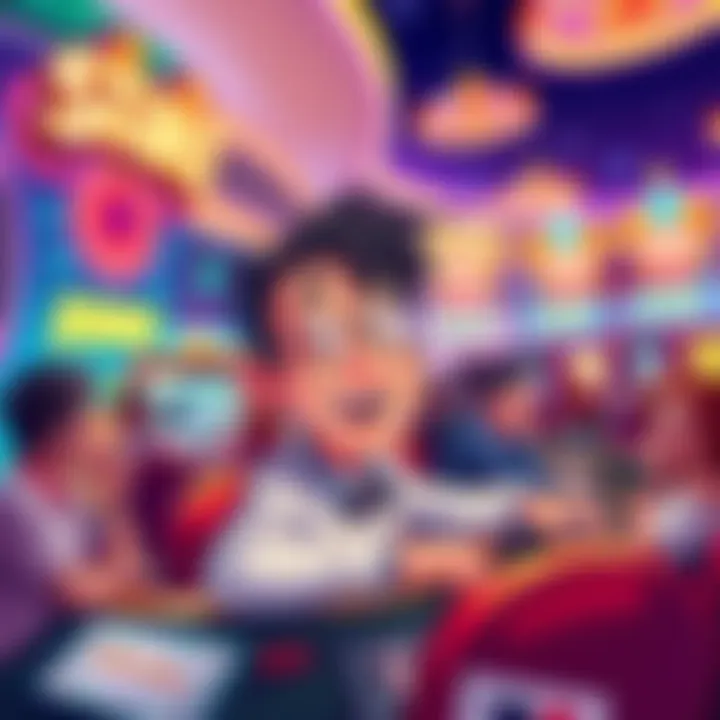 A vibrant illustration showing Eddie, a playful cartoon character, enjoying a game at a Stake casino, surrounded by bright lights and cheerful people, symbolizing the excitement of gambling in America...