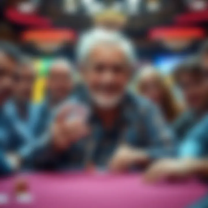 An elderly man smiling as he reveals a Straight Flush at a poker table in Jacksonville, Florida, surrounded by surprised players.