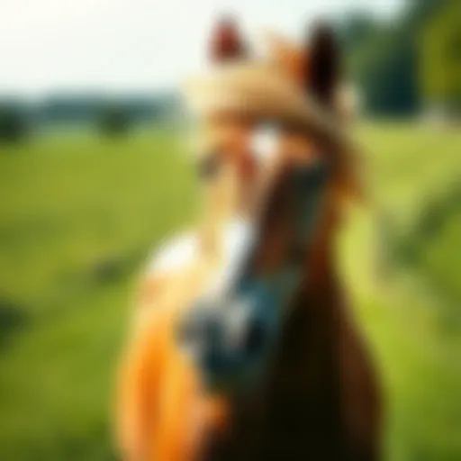 An elderly racehorse with a glossy coat playing happily in a green pasture, showing its lively spirit