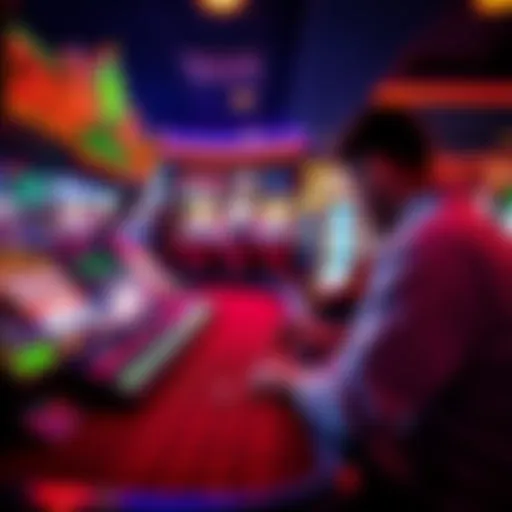 A player at an electronic craps table in a casino, focused on rolling dice and watching the screen for winnings.