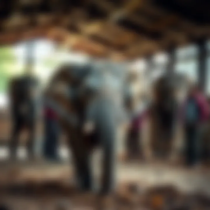 A young elephant named Wangalla in a rescue center, looking hopeful and surrounded by caregivers, symbolizing support for orphaned elephants.