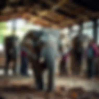 Elephant Wangalla A young elephant named Wangalla in a rescue center, looking hopeful and surrounded by caregivers, symbolizing support for orphaned elephants.