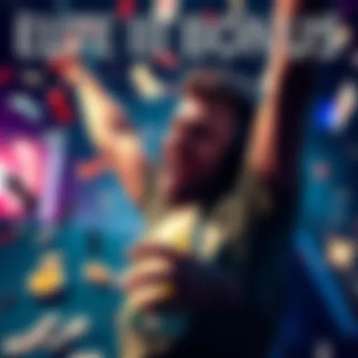 A player celebrating a big win of 14,000 dollars from the Elite III Bonus, with money and excitement in the background.