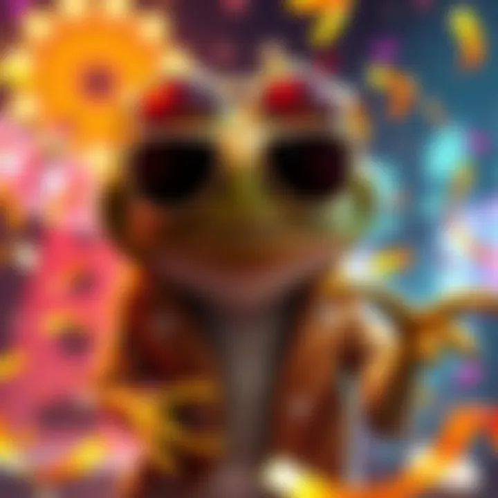 A cartoon frog wearing sunglasses and a gold jacket, celebrating a jackpot win with confetti and coins around it