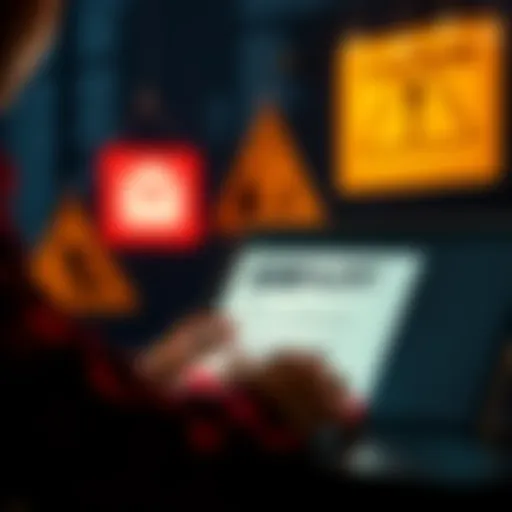 A person looking at a suspicious email on a laptop with caution signs in the background