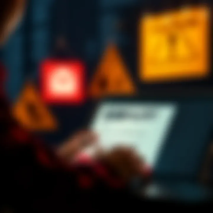 A person looking at a suspicious email on a laptop with caution signs in the background
