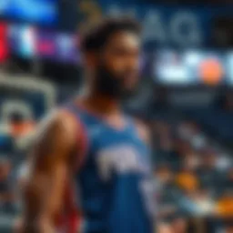 Joel Embiid in team jersey looking concerned on the sidelines during a game