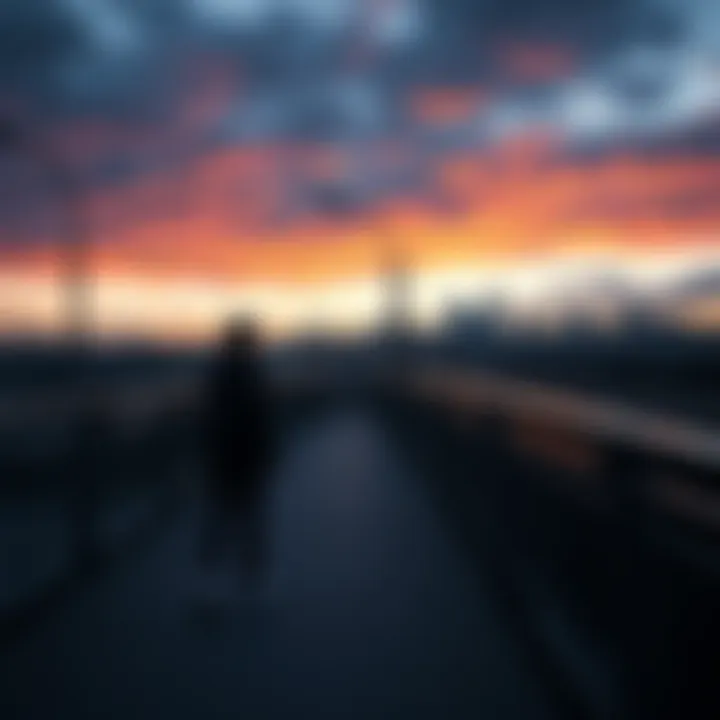 A person standing on a bridge looking towards a distant city skyline, expressing feelings of longing and connection.