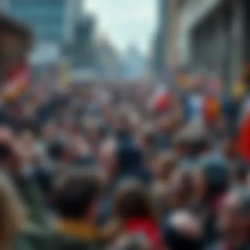 A large crowd gathering with mixed emotions, some showing tears and joy, in a city setting