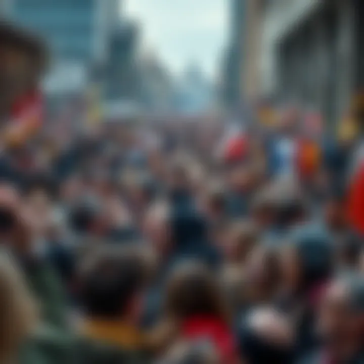A large crowd gathering with mixed emotions, some showing tears and joy, in a city setting