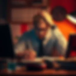 A tired employee sitting at a desk, holding their head in frustration, indicating the struggles of working while sick.