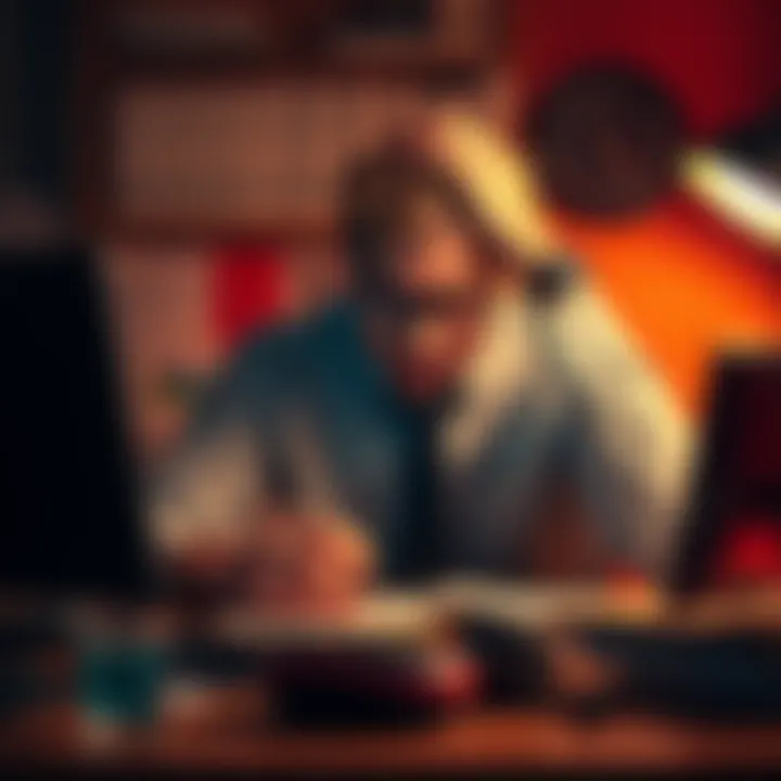 A tired employee sitting at a desk, holding their head in frustration, indicating the struggles of working while sick.