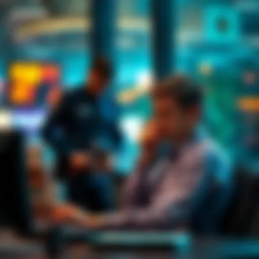 A concerned employee sitting in an office showing sadness after being suspended for counting in nearby casinos, with a security officer standing nearby holding a photo.