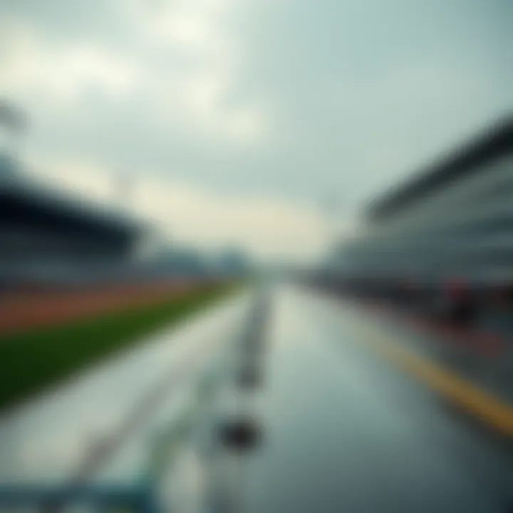 A view of a nearly empty racetrack with few spectators and wet ground on Opening Day of a horse racing event.