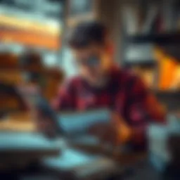 A person reading an article on a tablet with a look of interest and curiosity, surrounded by books and notes, reflecting a thoughtful environment.